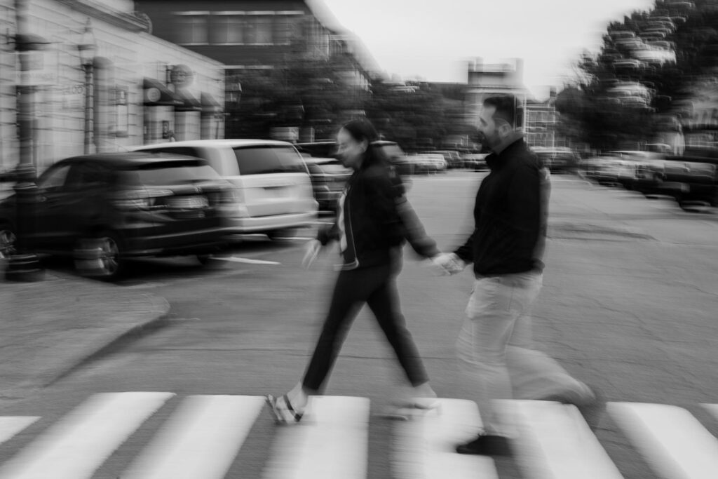 blurry crosswalk couple portsmouth nh engagement shoot 